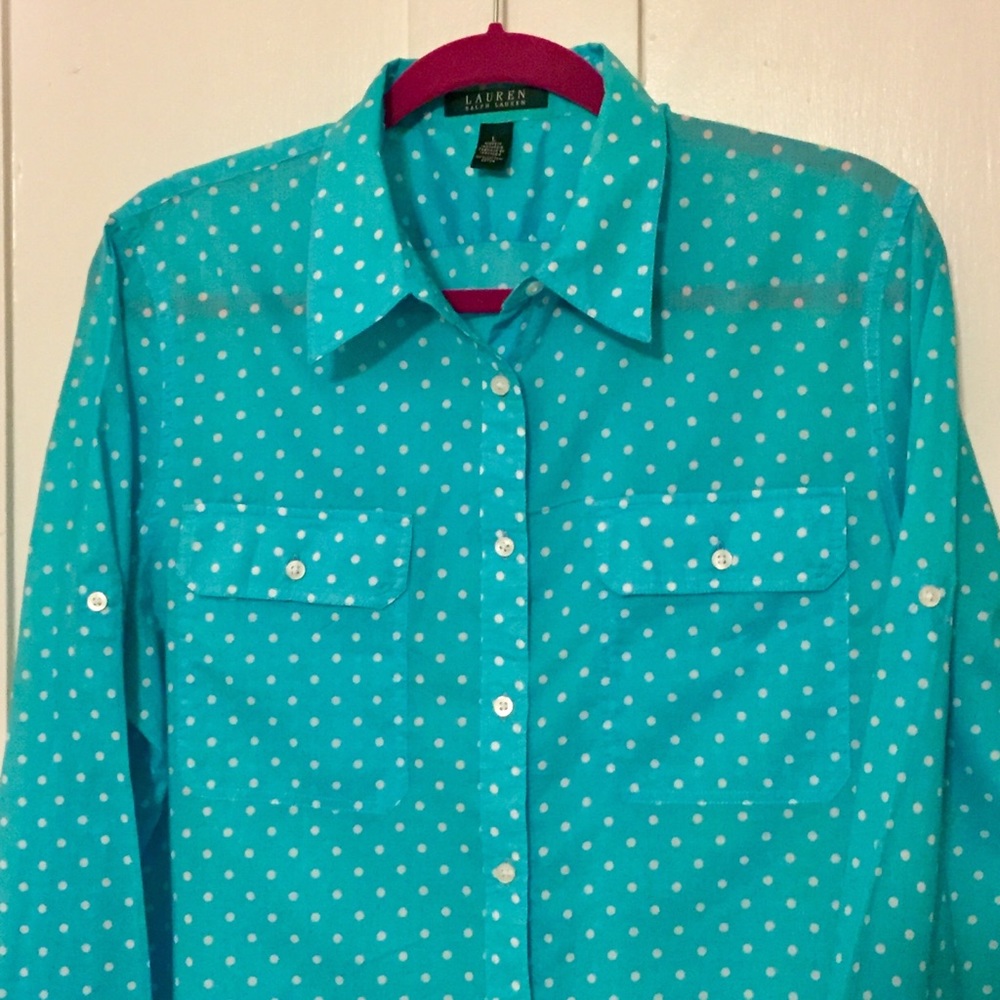 Lauren Ralph Lauren Turquoise Polka Dot Blouse - Large